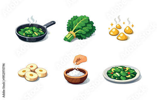 Cooked Greens. Isometric flat vector icons set of Cooked Greens: spinach leaves in pan, kale bunch, sizzling oil droplets, garlic slices, salt pinch bowl,