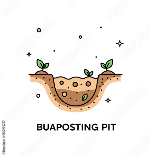 Composting pit system illustrated by a simple ground cavity layered with organic material and small leaf accents, expressing sustainability, recycling, and eco