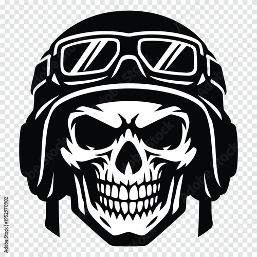 Stylized black and white skull graphic wearing aviator goggles and helmet vector illustration
