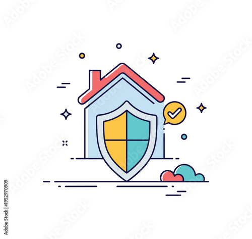 Home security shield icon integrated with a house silhouette and tiny check mark accent, symbolizing protection, safety, and peace of mind. Minimalist flat