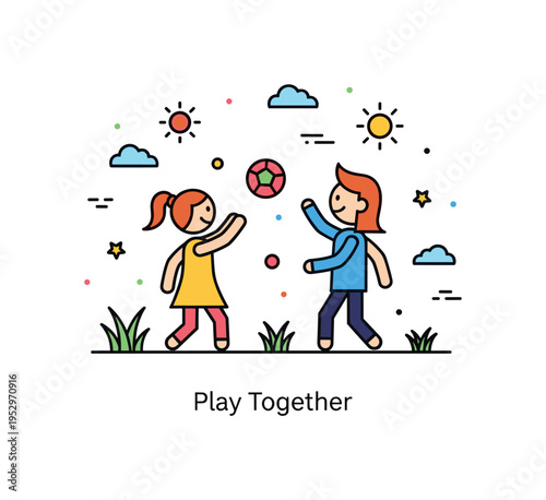 Children and parents playing ball in the yard concept featuring two simple figures tossing a round ball between them, small grass and sun icons creating a
