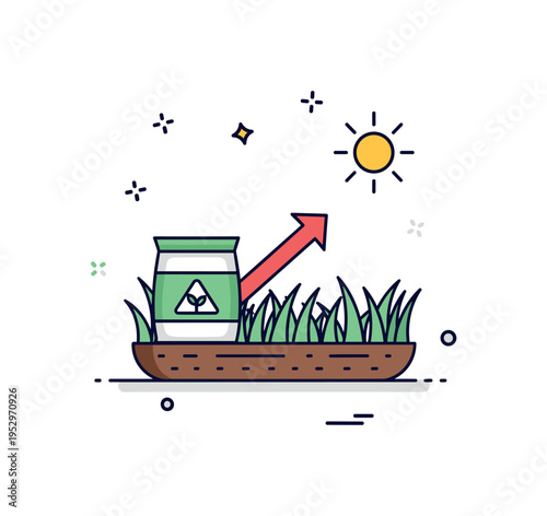 Lawn fertilizer and growth enhancement theme shown as a grass section with a small fertilizer bag icon and upward arrow, symbolizing nourishment and thicker