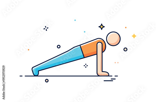 Core strength training simplified figure holding a plank position with subtle sparkle accents, expressing stability, endurance and focused body control.