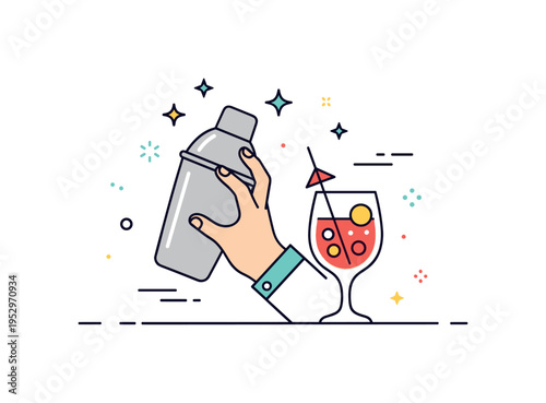 Festive cocktail mixing moment centered on a hand holding a shaker with tiny sparkle accents and a prepared drink glass nearby, conveying movement and party