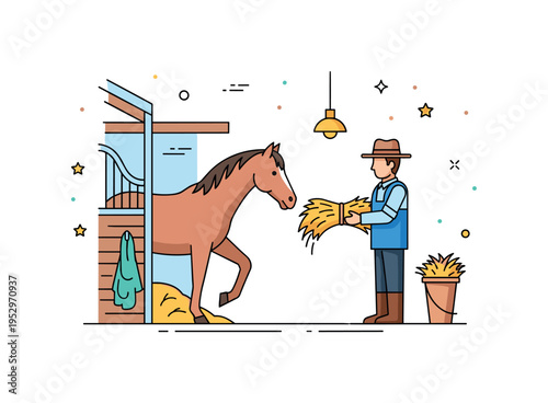 Farmer feeding hay to a horse in a stable rustic stable interior with a calm horse leaning toward a bundle of hay held by a farmer, expressing care, routine