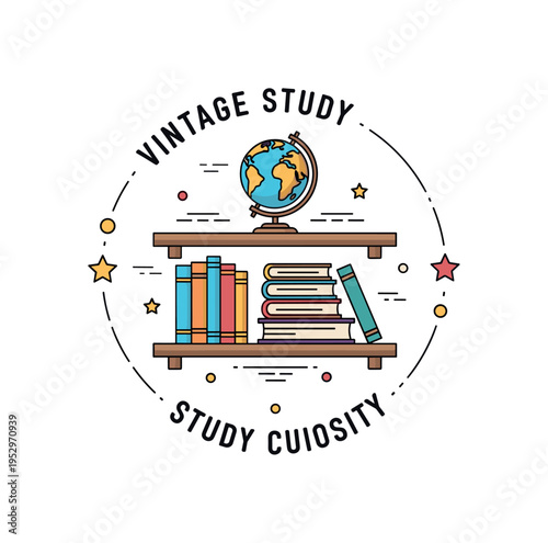 Vintage study bookshelf concept illustrated by a shelf filled with aged books and a small globe resting on top, conveying curiosity and timeless learning.