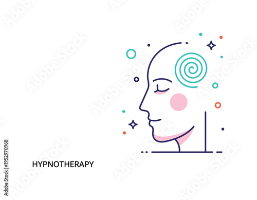 Hypnotherapy for stress relief depicted through a peaceful face profile with gentle spiral motif near the temple, expressing emotional balance and guided