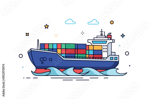 Container ship transport large vessel carrying stacked containers with gentle wave shapes beneath, conveying maritime trade routes and high volume