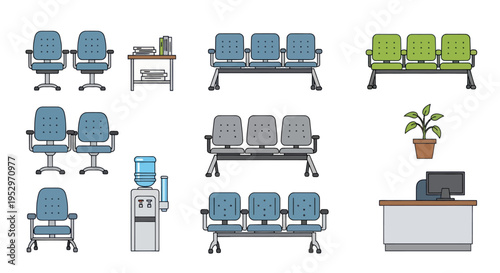 Collection of Waiting Room Chairs Reception Desk and Office Furniture Elements.