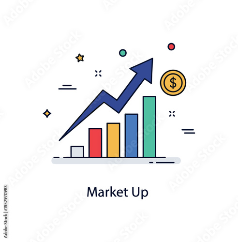 Stock market trading dynamic price movement concept illustrated by a bold upward arrow emerging from a simple bar chart with a small coin accent beside it. The