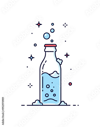 Chilled sparkling water refreshment theme illustrated through a bottle with tiny frost accents and rising carbonation bubbles, conveying coolness, clarity, and