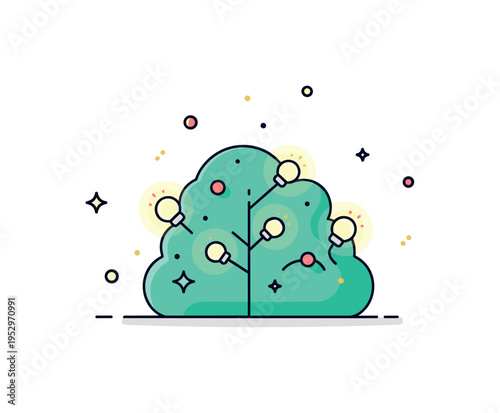 Twilight garden styling flowering shrub highlighted by softly glowing bulbs with tiny star elements scattered around, expressing magical evening atmosphere.