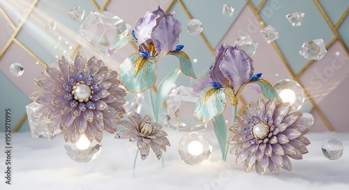 3D render of delicate purple flowers and crystals floating on clouds with soft light rays
