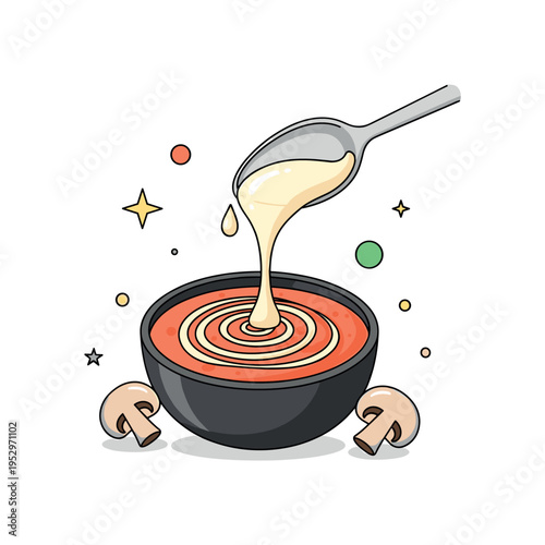 Adding cream swirl to mushroom soup focusing on a spoon pouring smooth cream into a dark mushroom base, forming a delicate spiral pattern that symbolizes