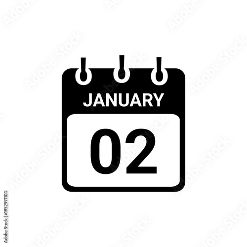 2 day January icon. Black and white January month calendar vector with background. January 2 Calendar Vector Illustration. Day calendar with date January 2. Checklist day calendar.