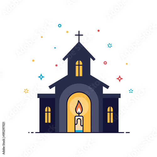 Holy Saturday evening service concept featuring a darkened church silhouette with a bright candle flame illuminating the doorway. The scene communicates