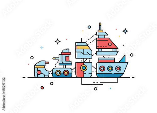 Modular spaceship construction theme represented by separate geometric ship components aligning together with subtle connecting lines. The scene communicates