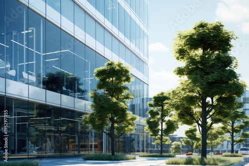 A city street with trees and buildings in the background. This image can be used to represent urban landscapes and city life