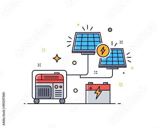 Hybrid power solutions for mining operations featuring a generator icon connected to solar and battery symbols, symbolizing diversified energy sources and