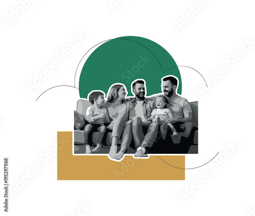 Black and white candid everyday moment of family laughing together on sofa, oversized emerald geometric circle behind central figures symbolizing connection,