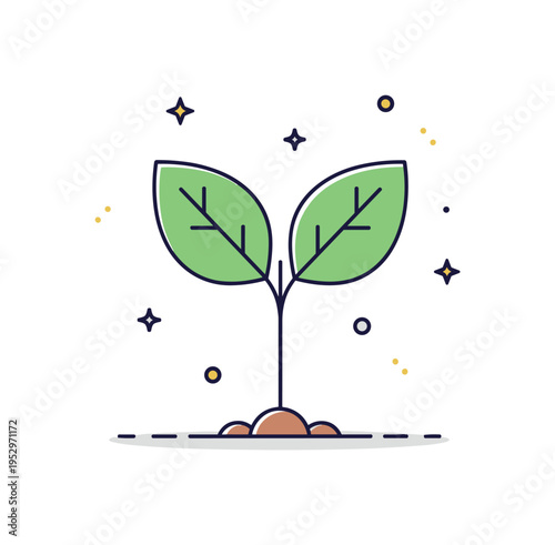 Healthy plant development illustration centered on a single stem with two symmetrical leaves reaching upward, representing strength and balanced growth. Clean