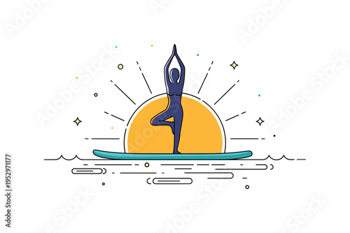 Sunrise SUP yoga moment illustrated through a calm silhouette in tree pose on a paddleboard with gentle water ripples and subtle sun rays, symbolizing balance,