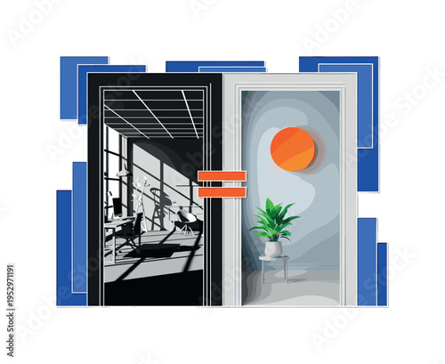 Black and white doorway split in the center, left side revealing geometric office interior with grid lines, right side revealing minimal home scene with plant