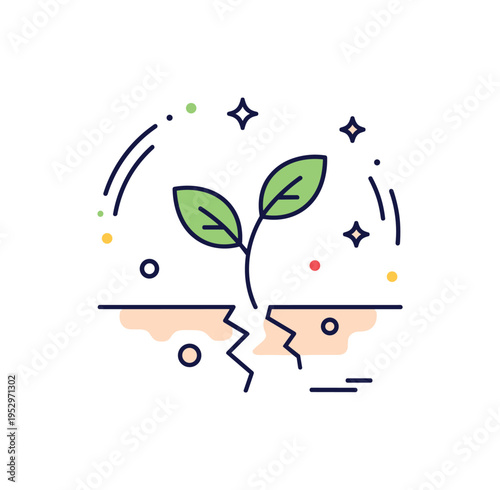 Resilience after loss visualized by a small plant sprouting from cracked ground, expressing renewal, hope, and life continuing through adversity. Minimal