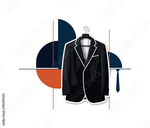 Black and white tailored blazer on a hanger as the main object, realistic retro fabric texture, cut-out effect with white outline, layered over bold geometric