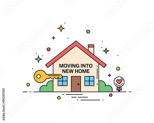 Moving into new home small house with a key icon and subtle sparkle stars, expressing fresh beginnings, independence, and milestone achievement. Minimalist