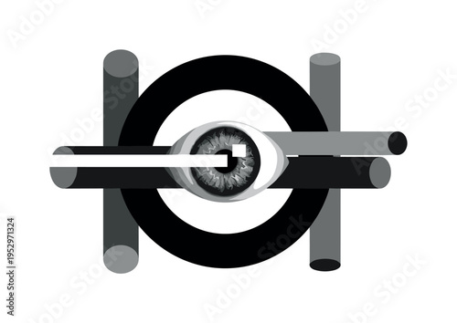 Black and white human eye centered within oversized black circular ring, sharp white horizontal bar slicing through like beam of light, abstract geometric
