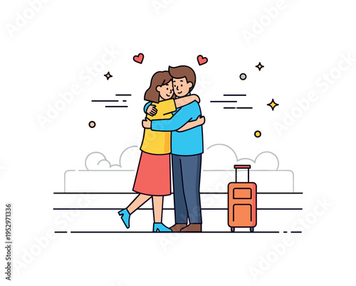 Young couple hugging at train station platform with small suitcase beside them, symbolizing reunion and heartfelt welcome in everyday public life. Gentle