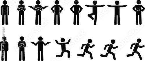 Black stick figure human motion set, person standing running jumping and gesturing icons, flavector silhouette evolution, isolated vector sign bundle.