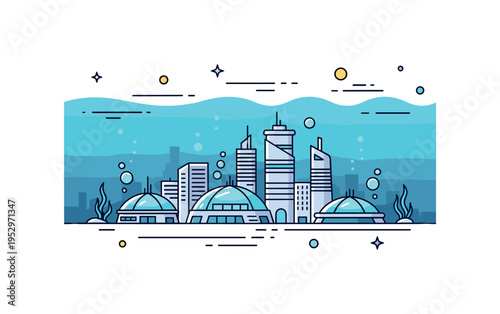 Underwater city skyline concept centered on sleek domed buildings resting on the ocean floor with gentle bubble accents, expressing futuristic living and