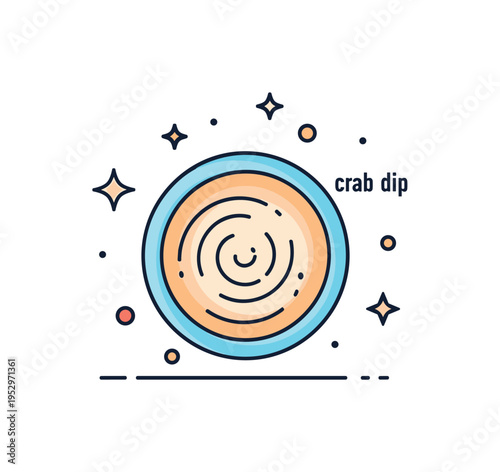 Crab dip restaurant menu badge featuring a simple top view of a dip bowl with circular swirl texture and small decorative stars around it. A clean editorial