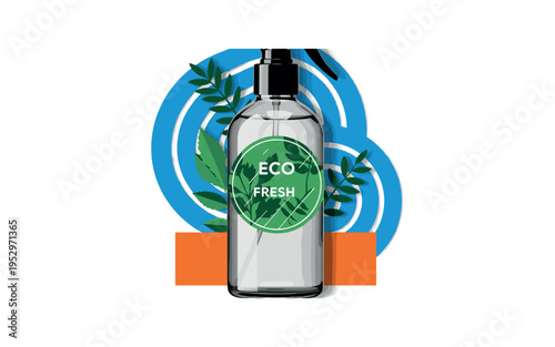 Black and white glass spray bottle with eco badge-style green round label, bright blue concentric arcs expanding behind and orange rectangular block grounding