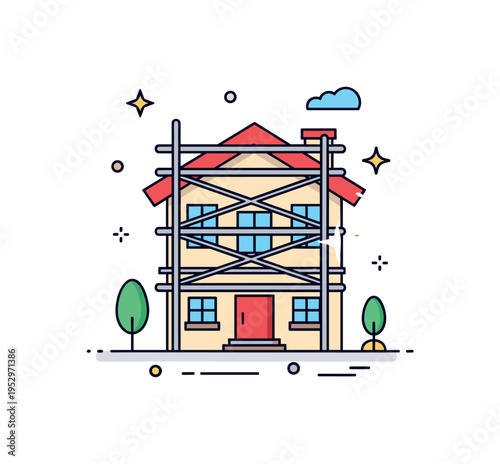 House exterior renovation theme built around a facade icon with scaffolding lines and a subtle sparkle accent, expressing restoration, modernization, and curb