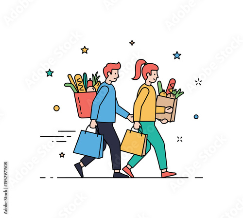 Carrying groceries together pair of figures walking side by side with shared shopping bags and subtle motion lines, conveying cooperation and mutual support in