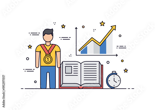 School sports and academics athlete with a medal standing beside an open book and upward trending graph, illustrating discipline, time management and improved