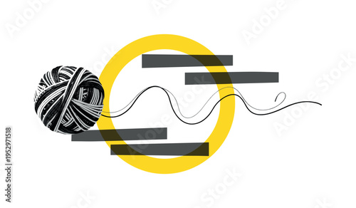 black and white ball of yarn unwinding across composition, overlapped with bold yellow circular frame and charcoal abstract bars, thin curved lines tracing