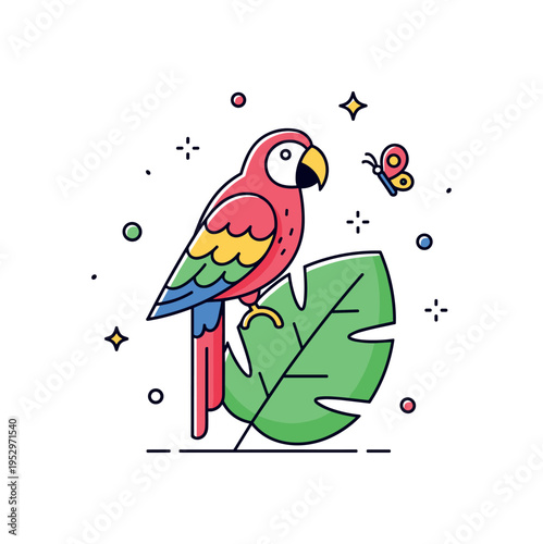 Rainforest biodiversity expressed by a colorful parrot perched on a broad tropical leaf with a small butterfly nearby, capturing vibrancy and layered life of