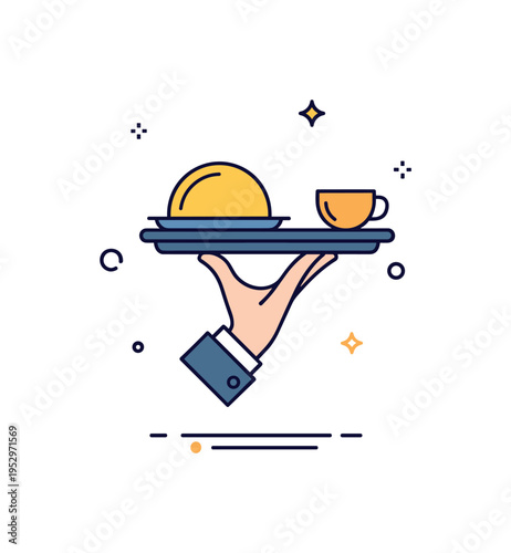Waiter tray hospitality training idea illustrated by a steady hand silhouette holding a tray with a neatly arranged dish and subtle balance lines beneath. A