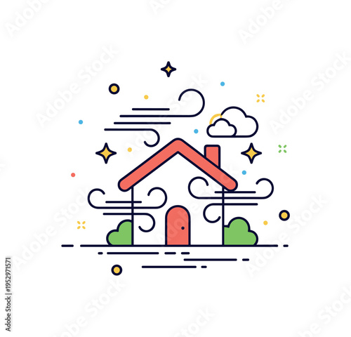 Extreme wind hazard theme featuring a stylized house icon with strong curved wind lines around it, symbolizing structural stress and storm force. A balanced