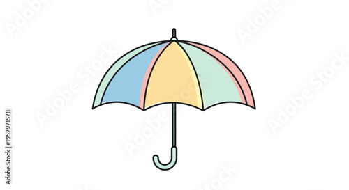 Colorful umbrella with curved handle.