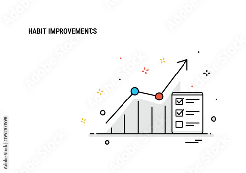 Habit improvement analytics theme represented by a simple upward trending line graph emerging from a small checklist icon, symbolizing measurable growth over