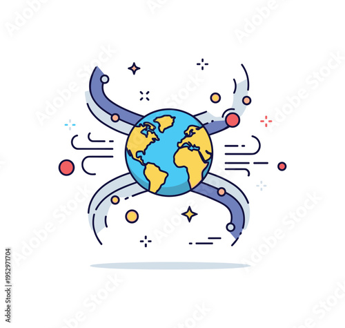 Magnetosphere protection curved magnetic lines deflecting small solar wind particles around a compact globe, conveying how Earth is shielded from harmful