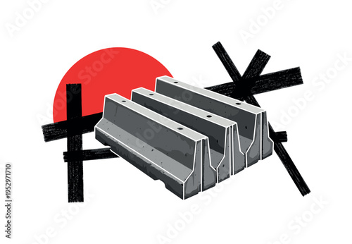 monochrome defensive concrete barricades stacked in perspective, framed by red semicircle and black abstract bars crossing composition, subtle white contour
