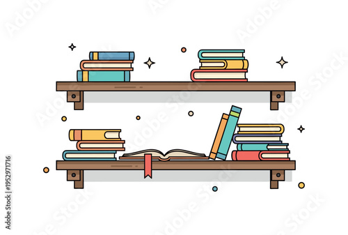 Old wooden shelf with scattered books depicted by horizontal stacks and one slightly open book, symbolizing ongoing reading and literary passion. Tiny sparkle
