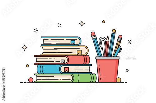 Organized school supplies arrangement illustrated by stacked books and a pencil holder with subtle sparkle accents around them. The scene conveys order,