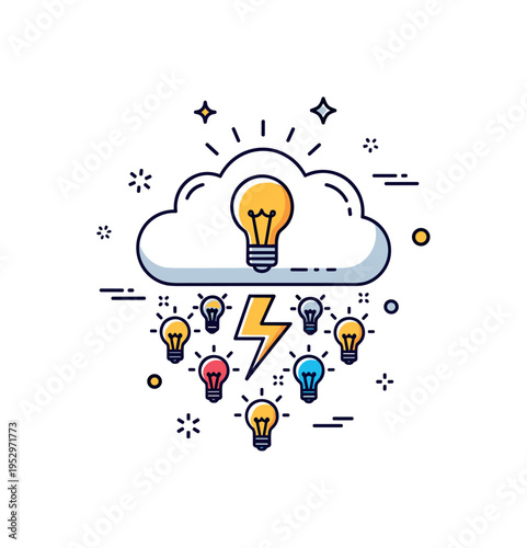 Idea surge cloud concept depicted by a rounded cloud releasing multiple small lightbulbs with a central lightning highlight, symbolizing collaborative thinking